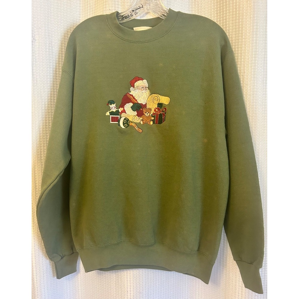 VTG Green Santa Claus Embroidered Sweatshirt Size M Christmas Grandmacore Y2K